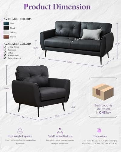 61'' Small Leather Loveseat and Chair, 3 Piece Living Room Sets, Black