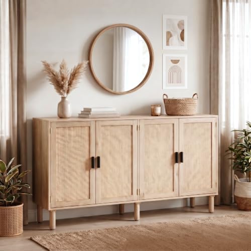 Finnhomy 4 Door Sideboard Buffet Cabinet, Kitchen Storage Cabinet with Rattan...
