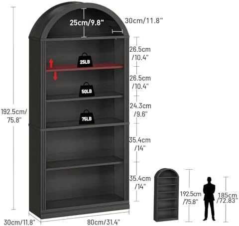 RALGEND Arched Bookshelf, 75.8" Tall Arch Bookcase with Storage, 6-Tier ...