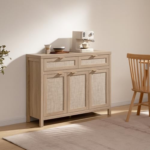 SICOTAS Rattan Sideboard Buffet Cabinet with Storage, Boho Credenza Accent