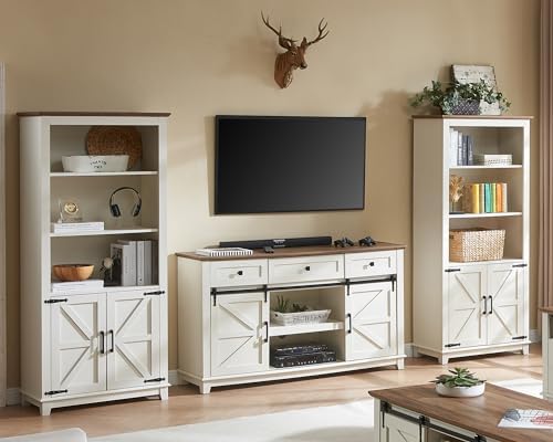 AMERLIFE 2-Piece 5-Tier Farmhouse Bookcase with Barn Doors, Rustic White