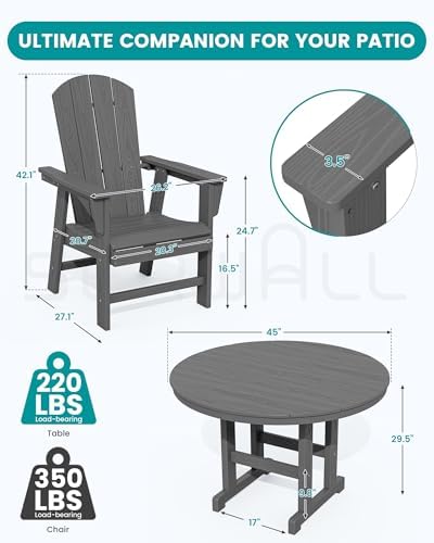 SERWALL 5-Piece Patio Dining Set, 45" Table & 4 Adirondack Chairs, Grey