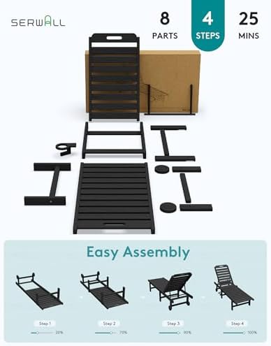 SERWALL HDPE Outdoor Chaise Lounge Set of 2 with Cup Holder & Wheels, Bla...