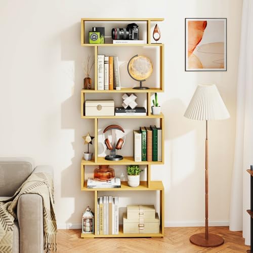 GIANTEX 6-Tier Geometric Bookshelf, S-Shaped Bookcase with 2 Anti-Tipping Kit...