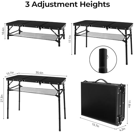 3ft Folding Camping Table with 3 Adjustable Height Max 27.3 Inch