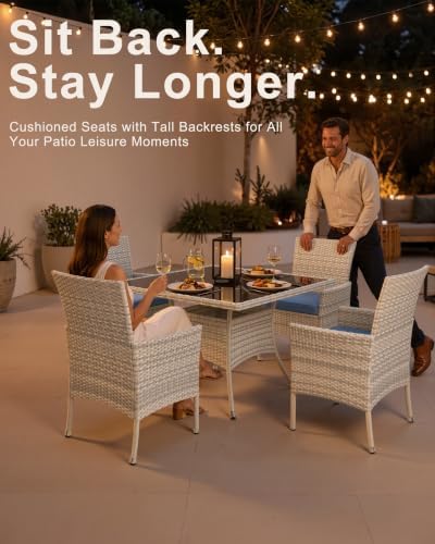 5-Piece Patio Dining, Set Patio Furniture Set Glass Table & 4 Wicker Chairs