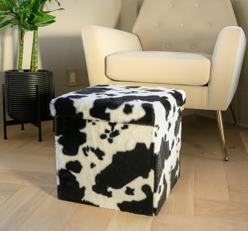 Luxe Faux Fur Storage Ottoman, Cowhide Black/White, 15 x 15 x 15 in