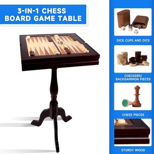 GSE Wooden 3-in-1 Chess Checkers Backgammon Game Table Set with Game Pieces