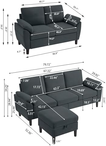 Convertible Sectional Sofa Set, 79" Modern L Shaped Couch and 57" L...