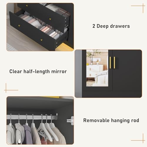 chartustriable 2 Doors Armoire Wardrobe Closet with Mirror, LED Closet with D...
