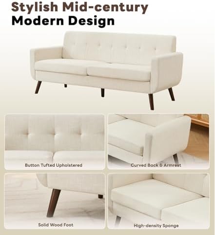 Tbfit 77.2" W Linen Sofa Couch, Mid Century Modern Decor Loveseat Couche...