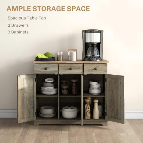 HOMCOM Sideboard Buffet Cabinet Solid Wood Countertop Distressed Gray