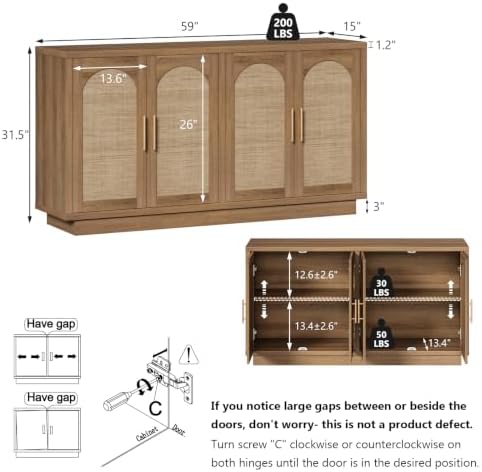 HOKYHOKY 59" Rattan Sideboard Buffet Cabinet with Storage, 4 Arched Doors