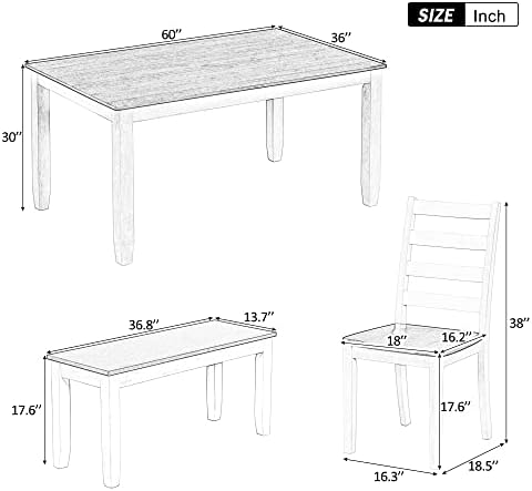 LUMISOL 6 Piece Farmhouse Dining Table Set with Bench, Walnut Cottage White