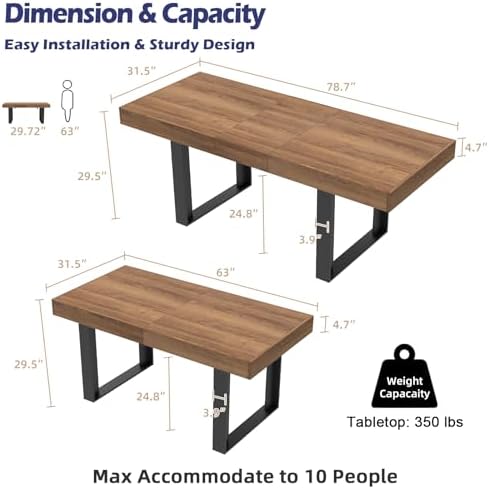 63-79 Inch Extendable Dining Table, Wooden Rectangle Kitchen Table for 6-8