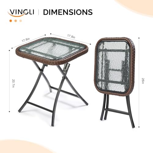 VINGLI 18in Modern Brown Rattan Folding Glass Outdoor Side Table, Small Patio...