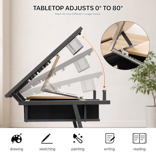 Athena Collection Wooden Drafting Table W/Stool, Tilting Art Desk, Natural