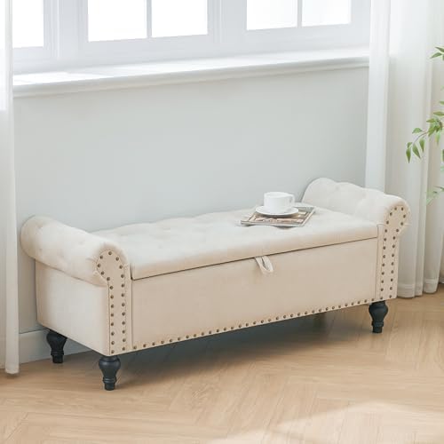 51" Storage Bench for Bedroom, Upholstered Ottoman Bench, Chenille Beige...