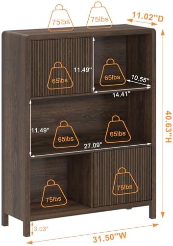 FATORRI Bookshelf with 2 Fluted Wooden Doors, Farmhouse Modern Accent Bookcas...