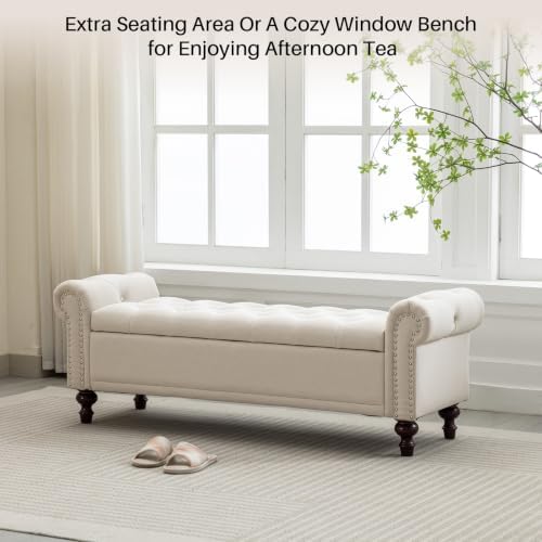 SOFTHION 58.1" Storage Bench for Bedroom, Linen Upholstered, Beige | End...