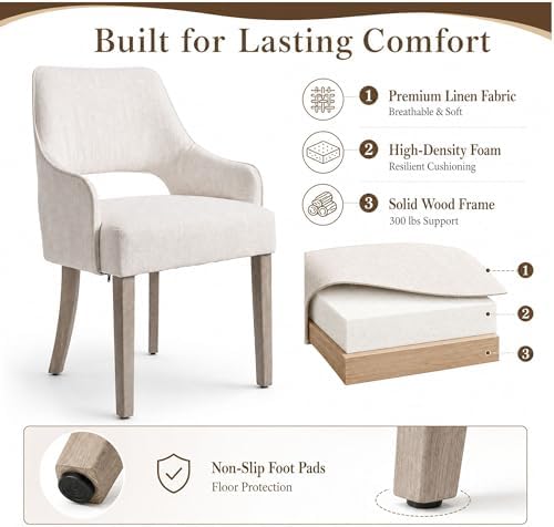 Dining Chairs Set of 6 Linen Upholstered Accent Kitchen Chair with Hollow Bac...