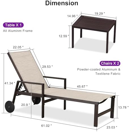 PURPLE LEAF Outdoor Chaise Lounge Chair with Armrests Bronze Aluminum Beige
