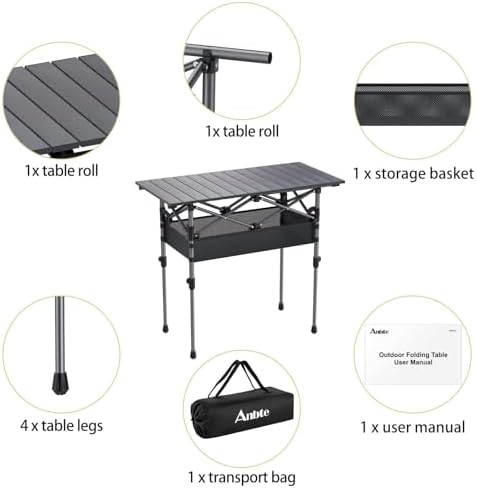 Anbte 3ft Aluminum Roll Top Folding Camping Table, Portable, 32”X16”, Black