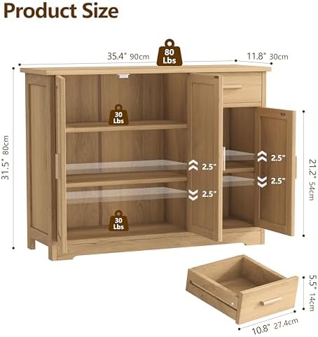 Keehusux Rattan Storage Cabinet with 3 Doors and Drawer, Natural Oak