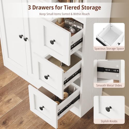 IRONCK Bookshelf with 2 Doors and 3 Drawers, 71" Storage Bookcase, White