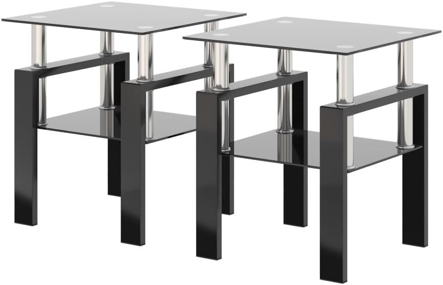 Set of 2, Modern Tempered Glass Tea Table Coffee Table End Table, Square Tabl...