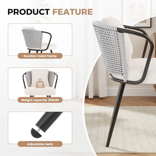 Rattan Dining Chairs Set of 4, Modern Upholstered Kitchen Chair with Metal Le...