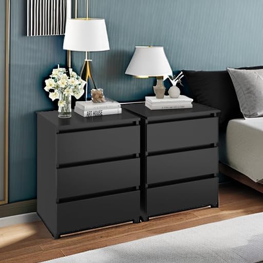 FOTOSOK Nightstands Set of 2, Black Nightstand with 3 Drawers for Bedroom | B...
