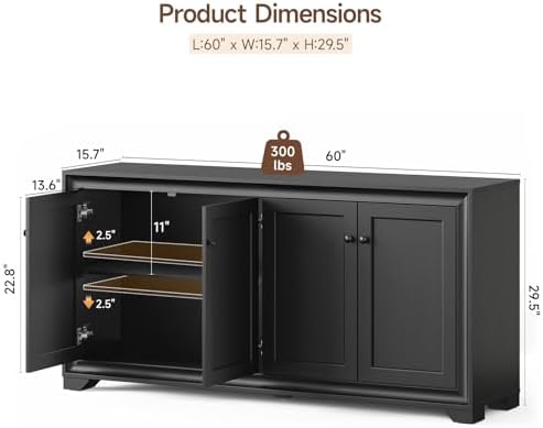 ONBRILL 60" Buffet Cabinet with Storage, 4 Doors & Adjustable Shelve...