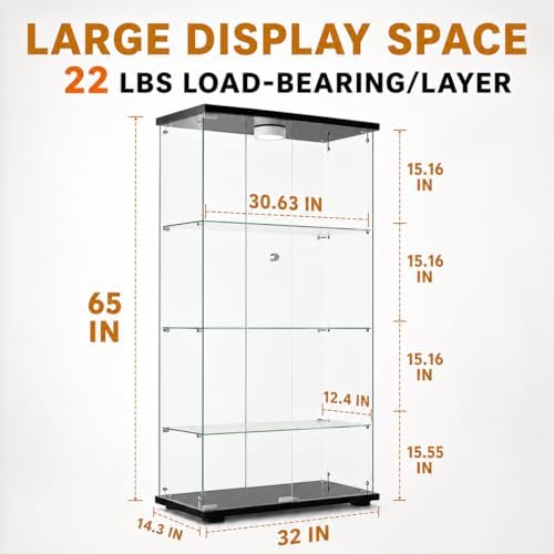 Glass Display Cabinet 4-Shelf 2 Doors with LED Push Light Lockable Glass Disp...