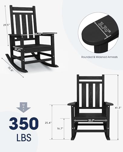 KINGYES Oversized Outdoor Rocking Chair Set of 2, HDPE Patio Rockers, Black |...