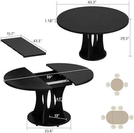 Einhomn 43-59" Extendable Round Dining Table, Kitchen Table for 4-8, Far...