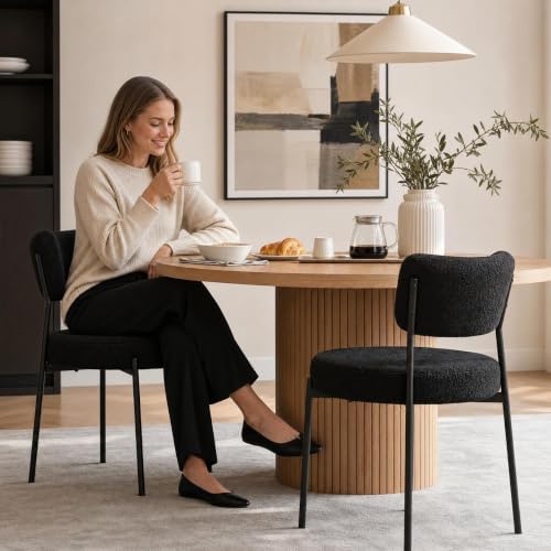 Black Dining Chairs Set of 4, Mid Century Modern Boucle Upholstered Kitchen C...