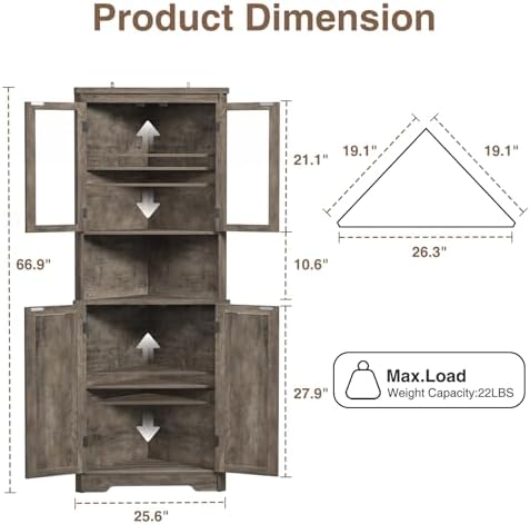 FiveWillowise 67'' Tall Farmhouse Corner Cabinet, Corner Bathroom Cab...