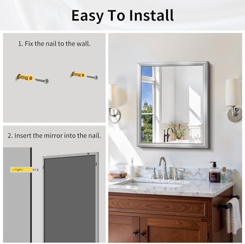 20x24 Inch Brushed Silver Bathroom Mirror, Raised Metal Framed Bathroom Vanit...