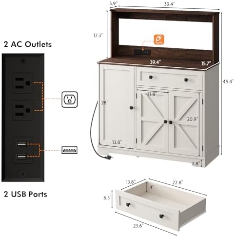 Wnutrees Farmhouse Coffee Bar Cabinet with Drawer, Kitchen Hutch Sideboard
