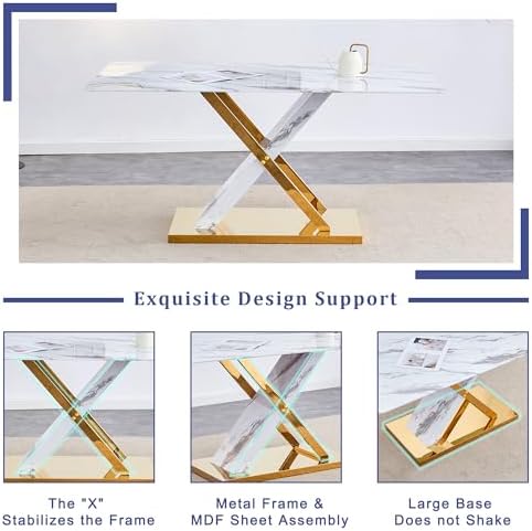 YUNDREAM Modern Marble Dining Table Set for 4,White Gold 63'' Dining ...