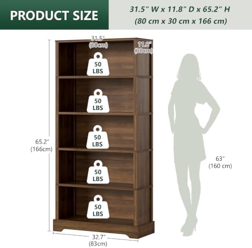TVU 5 Tiers Wooden Bookshelf, 65.2" Tall Farmhouse Style Open Bookcase, ...