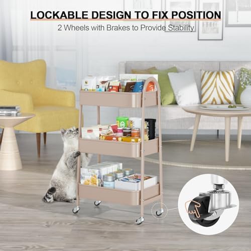 EAGMAK 3 Tier Utility Rolling Cart, Metal Storage Cart with Handle and Lockab...