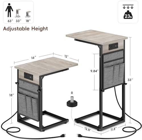 VAGUSICC C Shaped End Table with Charging Station, Adjustable Height Side Tab...