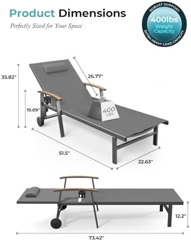 Ciokea Outdoor Lounge Chair with Pillow Set of 2, 5-Position Aluminum Chaise ...