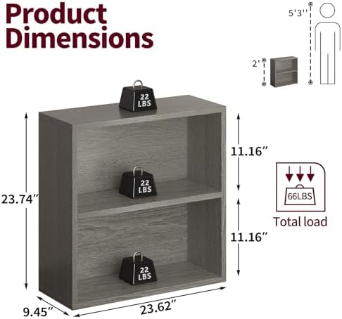 ALISENED 2 Tier Open Shelf Bookcase, Small Bookshelf with Storage