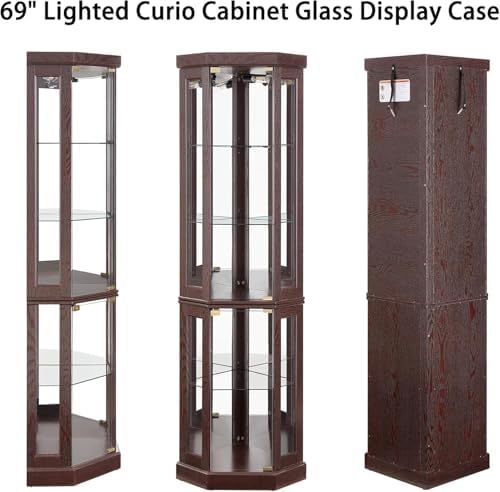 69" H Lighted Corner Curio Cabinet, 5-Tier Curio Glass Display Cabinet w...