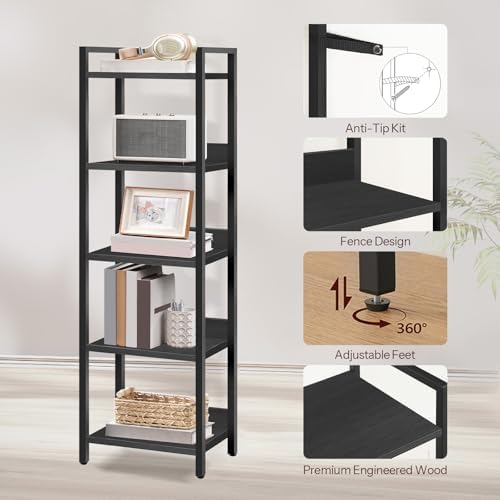 MAHANCRIS 5-Tier Bookshelf, Bookcase, Shelves Organizer for Small Spaces, Sto...