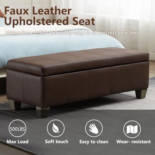 51 Inch Storage Ottoman, Storage Bench with Safety Hinge, Upholstered Synthet...