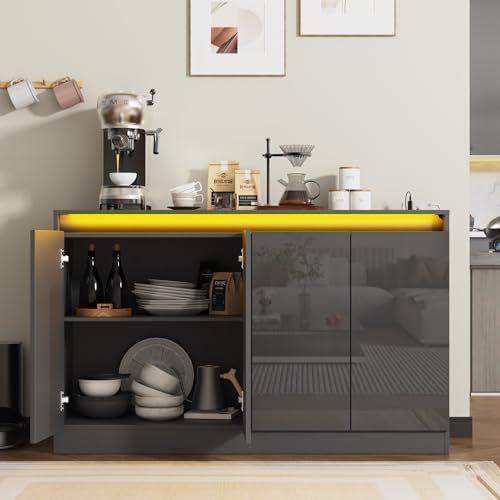 Furnify 51" W Buffet Cabinet with LED Lights & Charging Station, Grey